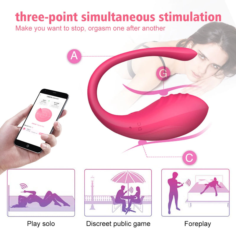 Vibrador feminino sem fio bluetooth controlado por celular. Estimulador do clitóris e massageador do ponto G. Brinquedo sexual divertido para casais.